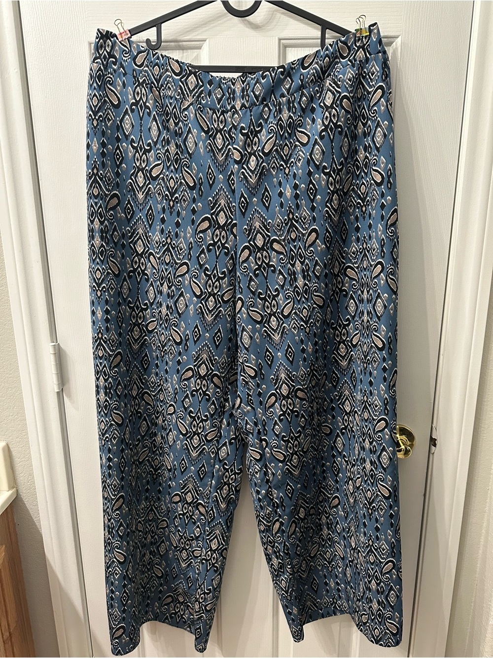 AGB Wide Leg Pants Paisley Print Blue Tan Black White Elastic High Waist 2X